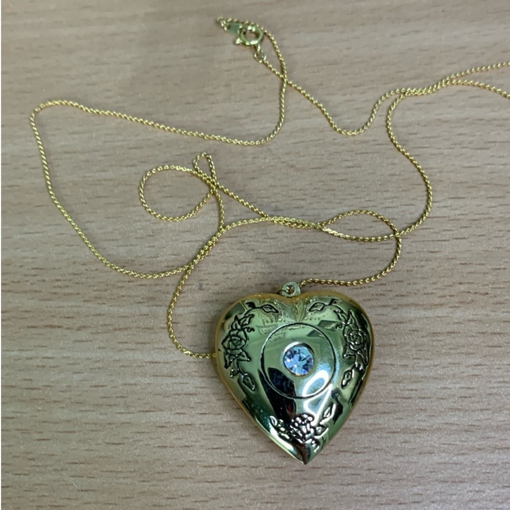 Gold Heart Locket Necklace with Crystal